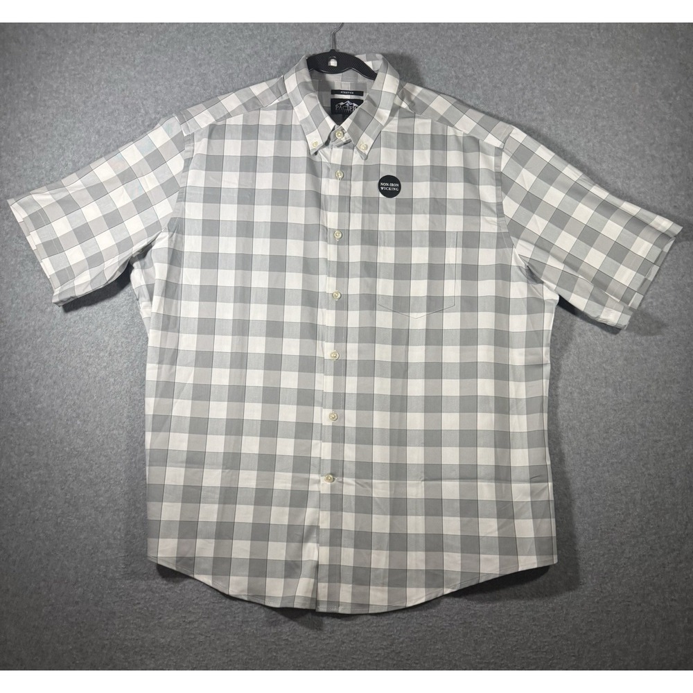 Pacific Outfitters Stretch Short Sleeve Button Down Plaid Shirt Gray White XL